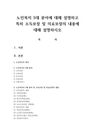 노인복지 5대 분야에 대해 설명하고 특히 소득보장 및 의료보장의 내용에 대해 설명하시오