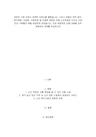 여태껏 가정 안에서 연로한 어르신을 돌봤습니다. 그러나 맞벌이 부부 증가, 핵가족화, 산업화, 수명연장 등 다양한 변화로 인해 노인부양은 더이상 가정 안의 가족들의 몫이 아닌 공공 및 민간차원에서 그 부양의 몫을 담담하게 되었습니다. 이와 관련하여 다음 내용을 모두 포함하여 과제를 작성하시오.