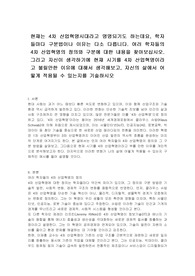 현재는 4차 산업혁명시대라고 명명되기도 하는데요, 학자들마다 구분법이나 이유는 다소 다릅니다. 여러 학자들의 4차 산업혁명의 정의와 구분에 대한 내용을 찾아보십시오. 그리고 자신이 생각하기에 현재 시기를 4차 산업혁명이라고 불릴만한 이유에 대해서 생각해보고, 자신의 삶에서 어떻게 적용될 수 있는지를 기술하시오