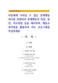 아동에게 나타날 수 있는 문제행동 하나를 선정하여 문제행동의 특징, 원인, 지도방법 등을 제시하며, 행동수정기법을 활용하여 지도 프로그램을 작성하세요
