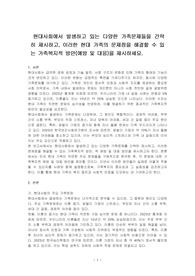 현대사회에서 발생하고 있는 다양한 가족문제들을 간략히 제시하고, 이러한 현대 가족의 문제점을 해결할 수 있는 가족복지적 방안(예방 및 대응)을 제시하세요.