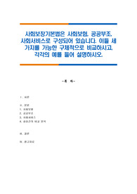 사회보장기본법은 사회보험, 공공부조, 사회서비스로 구성되어 있습니다. 이들 세 가지를 가능한 구체적으로 비교하시고, 각각의 예를 들어 설명하시오.