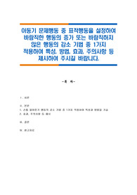 아동기 문제행동 중 표적행동을 설정하여 바람직한 행동의 증가 또는 바람직하지 않은 행동의 감소 기법 중 1가지 적용하여 특성, 방법, 효과, 주의사항 등 제시하여 주시길 바랍니다.