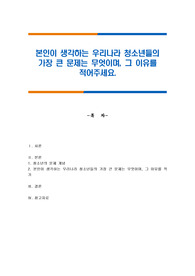 본인이 생각하는 우리나라 청소년들의 가장 큰 문제는 무엇이며, 그 이유를 적어주세요.