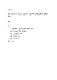 마이클 포터 교수의 산업경쟁도 분석모델(5-forces model)을 적용하여 현재 우리나라 자동차 산업의 경쟁도(매력도)를 자동차제조업체 입장에서 분석해 보시오.
