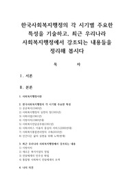 한국사회복지행정의 각 시기별 주요한 특성을 기술하고, 최근 우리나라 사회복지행정에서 강조되는 내용들을 정리해 봅시다