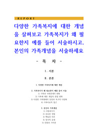 다양한 가족복지에 대한 개념을 살펴보고 가족복지가 왜 필요한지 예를 들어 서술하시고, 본인의 가족개념을 서술하세요