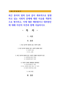 최근 묻지마 범죄 등과 같이 계속적으로 발생하고 있는 사회적 문제에 대한 이슈를 객관적으로 평가하고, 이에 대한 예방법이나 대처방안에 대해 자신의 의견과 함께 서술하시오