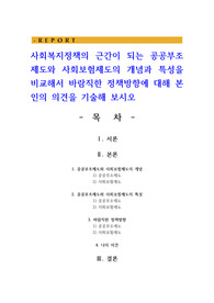 사회복지정책의 근간이 되는 공공부조제도와 사회보험제도의 개념과 특성을 비교해서 바람직한 정책방향에 대해 본인의 의견을 기술해 보시오