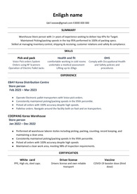 호주 워킹홀리데이 웨어하우스 무경력자용 이력서(Resume)