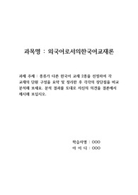 [A+ 외국어로서의한국어교재론 과제] 주제 - 종류가 다른 한국어 교재 2종을 선정하여 각 교재의 단원 구성을 요약 및 정리한 후 각각의 장단점을 비교 분석해 보세요. 분석 결과를 토대로 자신의 의견을 결론에서 제시해 보십시오.