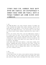 조직화의 개념과 단계, 사회행동의 개념과 일반적 원칙에 대해 기술하시오. 또한 정치적압력전술과 직접행동의 배경과 유형에 대해 작성하고, 정치적 압력전술과 직접행동의 실제 사례를 조사하여 간단히 소개해보시오.