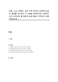 아동, 노인, 장애인, 여성 가족 분야의 사회복지시설의 종류를 조사하고 각 시설별 설치목적과 사회복지사자 갖추어야 할 중요한 실천기술은 무엇인지 대해 작성하시오