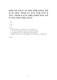 현재와 미래 우리나라 가족 유형의 변화를 전망하고, 장래에 내가 원하는 가족유형 또는 앞으로 증가할 것으로 생각되는 가족유형 중 한가지 유형을 선택하여 본인이 선택한 가족의 특성과 강점을 논하시오.