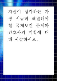 국제보건 문제와 간호사의 역할 ) 자신이 생각하는 가장 시급히 해결해야 할 국제보건 문제와 간호사의 역할에 대해 서술하시오.