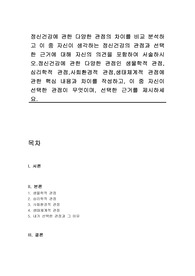 정신건강에 관한 다양한 관점의 차이를 비교 분석하고 이 중 자신이 생각하는 정신건강의 관점과 선택한 근거에 대해 자신의 의견을 포함하여 서술하시오.정신건강에 관한 다양한 관점인 생물학적 관점,심리학적 관점,사회환경적 관점,생태체계적 관점에 관한 핵심 내용과 차이를 작성하고, 이 중 자신이 선택한 관점이 무엇이며, 선택한 근거를 제시하세요.